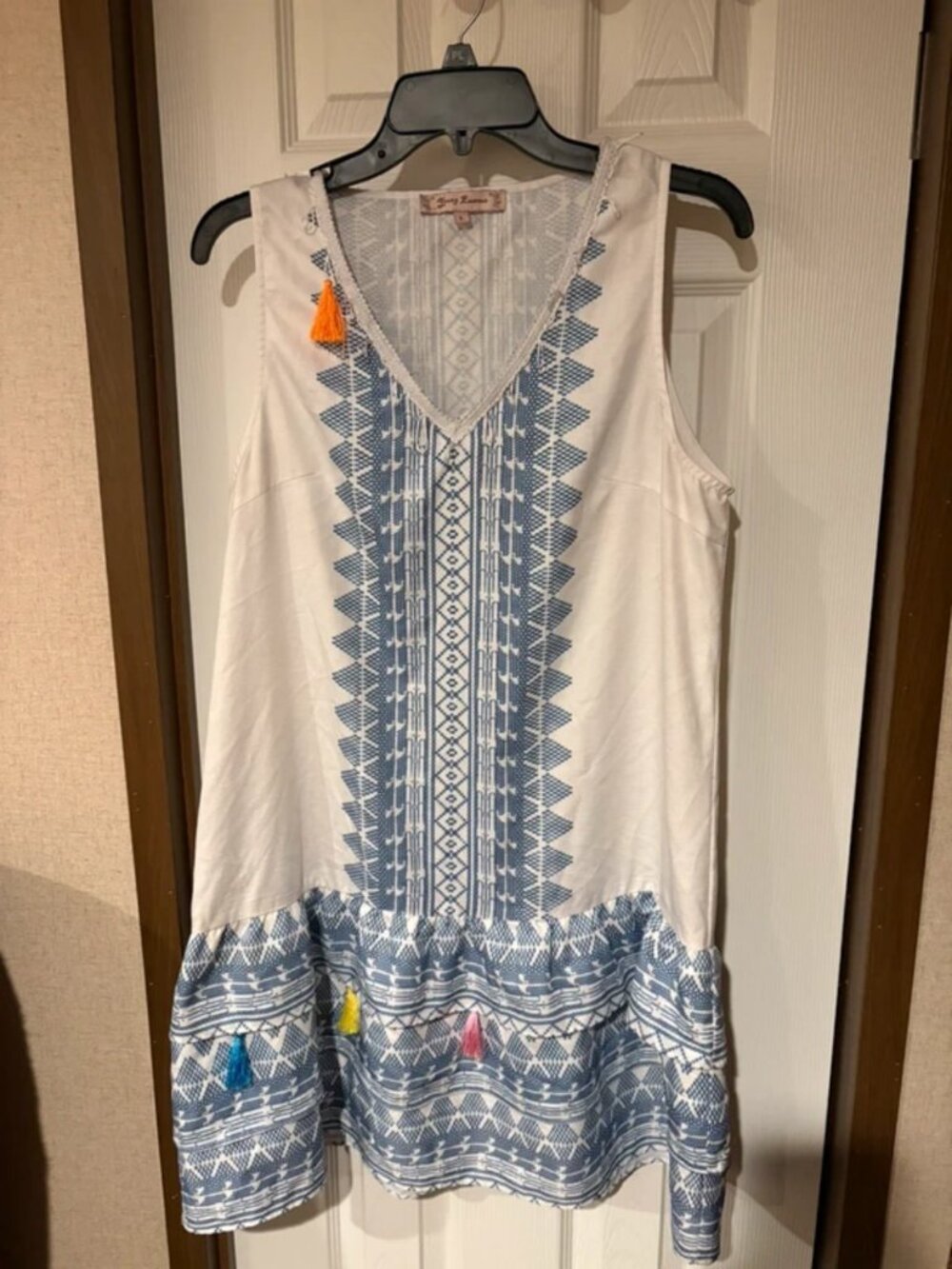 Young Essence White Blue Tribal Pattern Tassel Dress